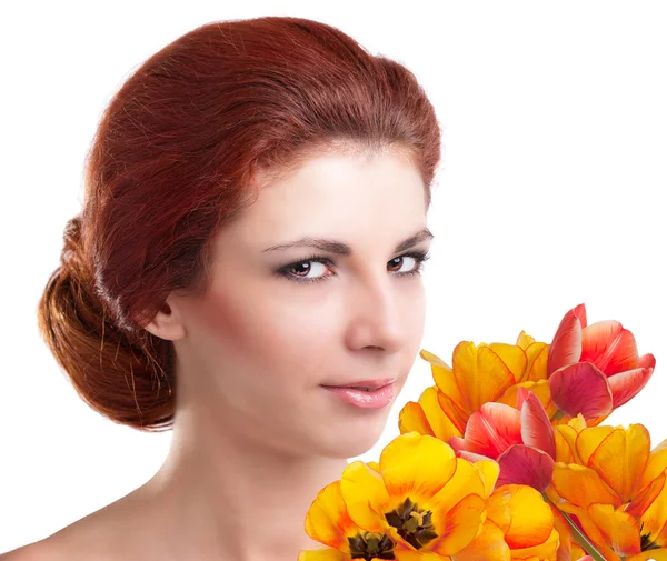 Beauty Young Girl with Spring Flower bouquet.Holiday Concept — Stock Photo, Image