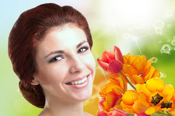 Beauty Woman with Flower bouquet.Spring.Holiday — Stock Photo, Image