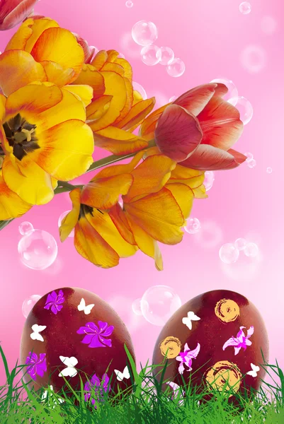 Easter.Eggs and Bouquet Flower Tulip.Spring Holiday — Stock Photo, Image