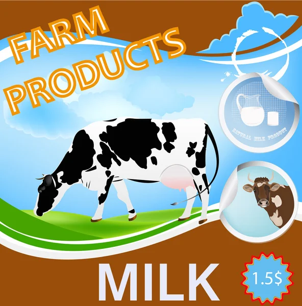 Fresh Milk from Cow.Natural Dairy product sticker.Vector — Stock Vector