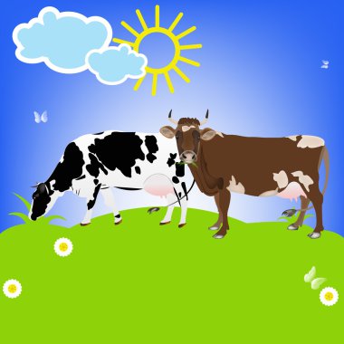 Yeşil meadow.sticker doğal süt product.vector üzerinde süt inekleri