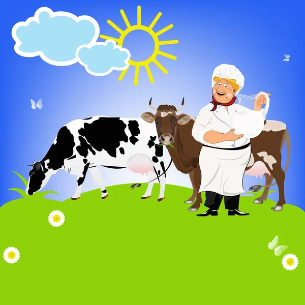 Joyeux laitier et vaches laitières sur une prairie verte.Sticker Natural Milk Product.Vector — Image vectorielle