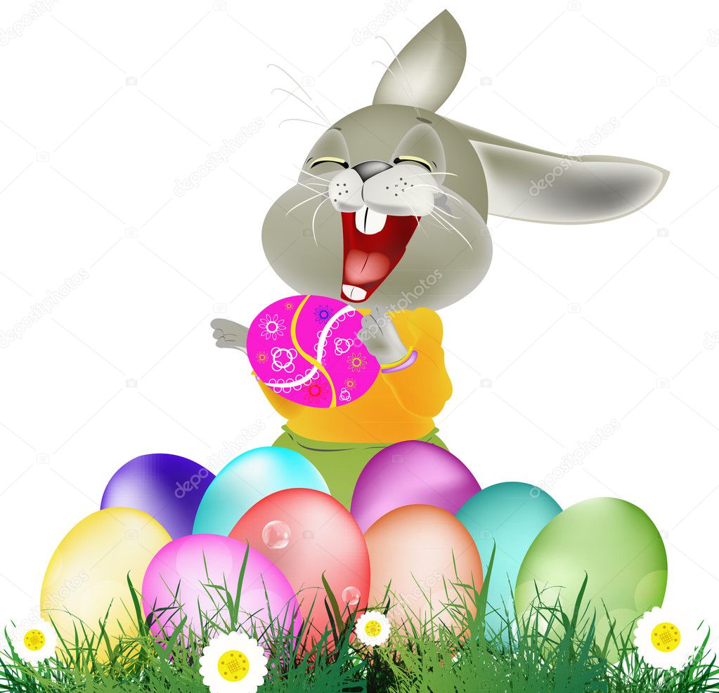 Happy Rabbit and Easter Eggs on white background.Holiday Happy Easter.Vector