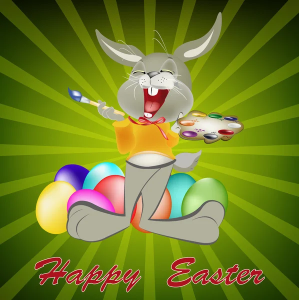 Happy Rabbit and Easter Eggs.Holiday. (em inglês) Feliz Oriente. Vetor. — Vetor de Stock