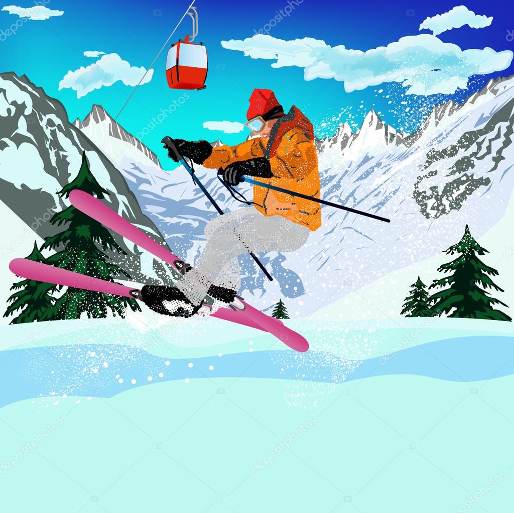 Freestyle Skiing.Mountain skiing.Extreme Skiing.Winter Sport.Vector