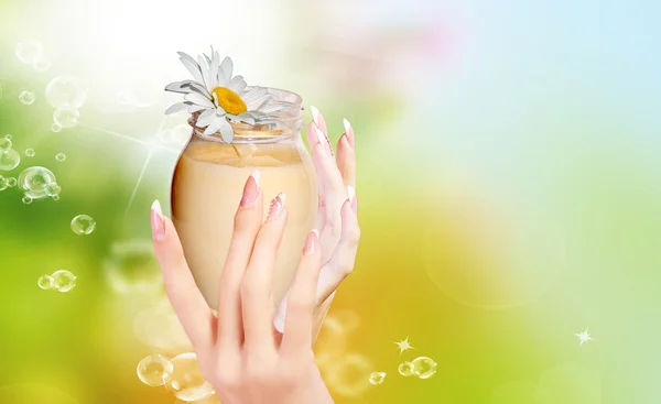 Natural Flower Cream for Woman hands.Spa salon — Stock Photo, Image