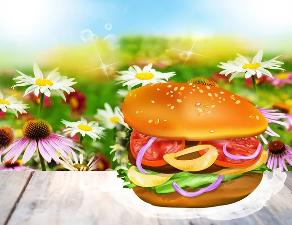 Frische heiße Hamburger auf einem Holztisch. Fast Food — Stockfoto