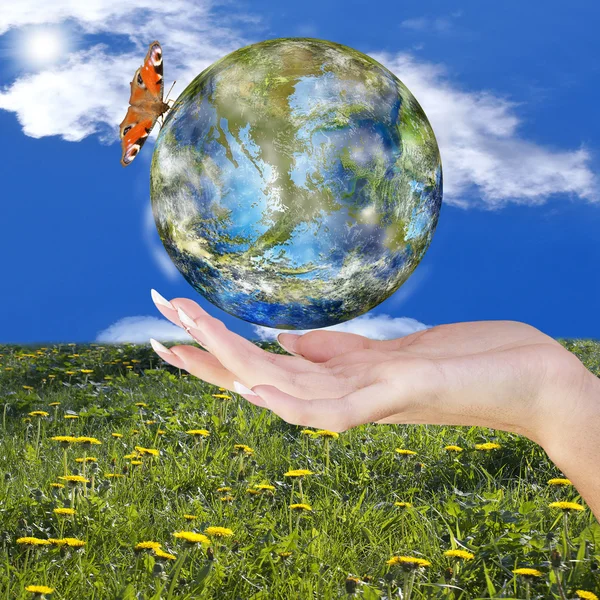 Earth Day. Blue Planet Earth in Woman Hand.Ecology Climate Earth — стоковое фото