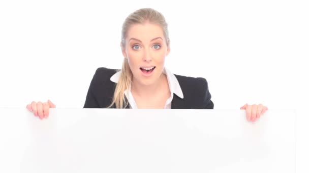 Surprised Businesswoman And Blank Sign — Stock Video
