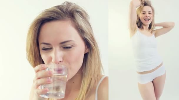 Twee in één schot van vrouw drinkwater en dansen — Stockvideo