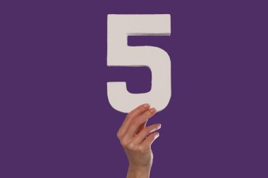 Female hand holding up the number 5 from the bottom clipart