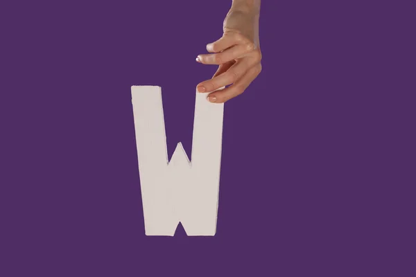 Γυναικείο χέρι που κρατά μέχρι το γράμμα w από πάνω — Φωτογραφία Αρχείου