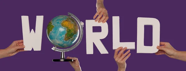 Lettering WORLD with globe in female hands — Stock Photo, Image