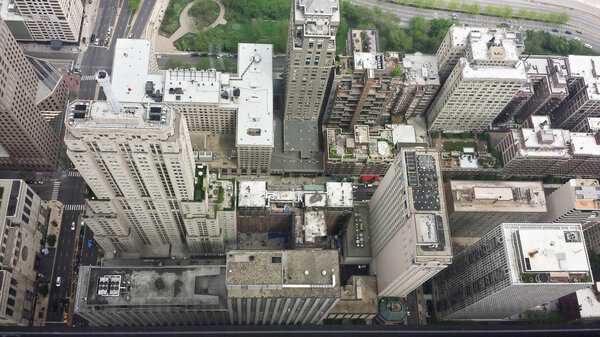Aerial view looking down on skyscrapers