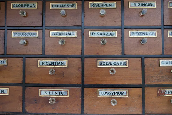 Cabinet of drawers with vintage labels — Stock Photo, Image