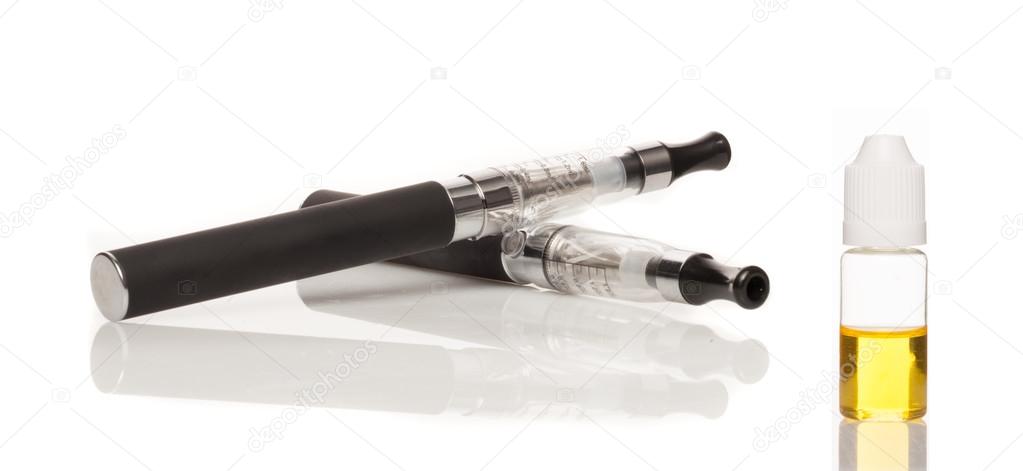 Black electronic cigarette (e-cigarette) with e-liquid bottle
