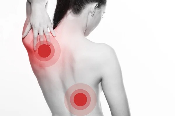 Young woman with shoulder and back pain — Stock Photo, Image