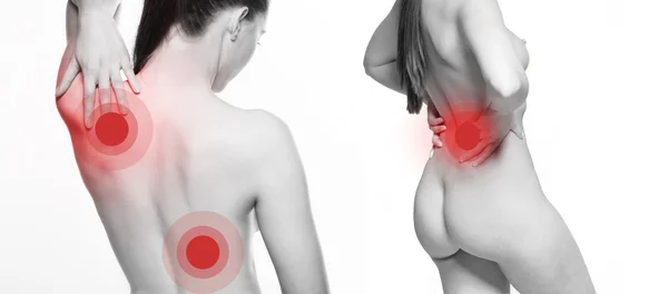 Young woman with shoulder and back pain — Stock Photo, Image