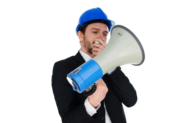 Zakenman dragen van een veiligheidshelm houden een megafoon — Stockfoto