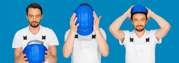 Sekvens av tre poser av en man som påtagning en hardhat — Stockfoto