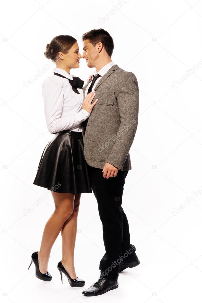 Sweet Partners Attempt Kissing Isolated on White