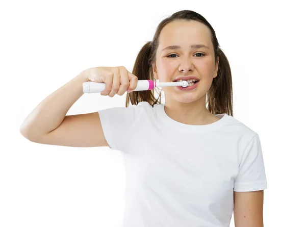 Healthy cute girl brushing her front teeth — Stock Photo, Image