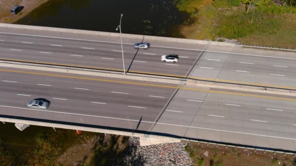 Traffic Flowing Smoothly Motorway Bridge Camera Drone Aerial Clip Highway — Stock Video