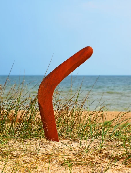 Boomerang on overgrown sandy beach. — Stock Photo, Image