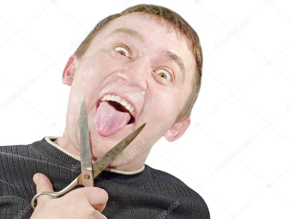 The crazy man with scissors cuts off itself tongue.