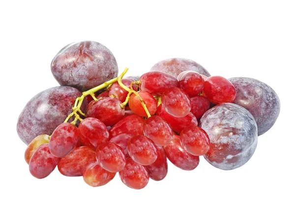 Ripe plums and grape.Isolated. — Zdjęcie stockowe