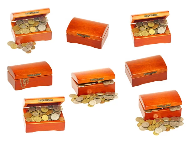 Set of old wooden treasure casket with money.Isolated. — Stock Photo, Image