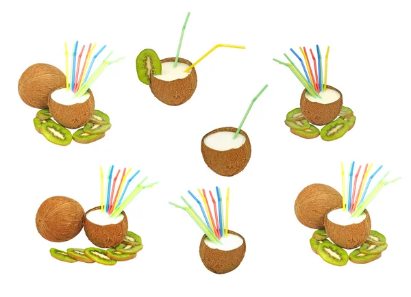 Set di noci di cocco con un frullato di latte e kiwi. . — Foto Stock