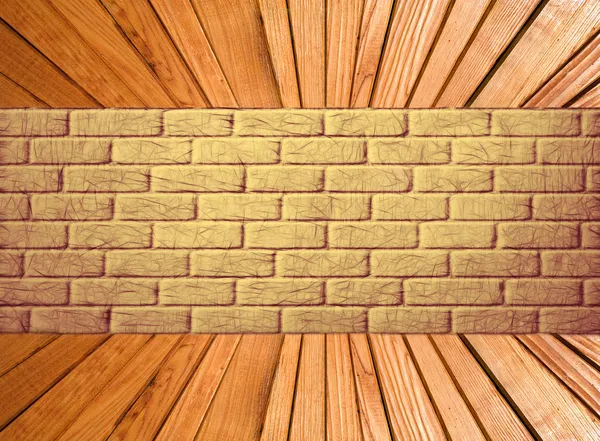 Parede de tijolo amarelo e perspectiva de piso de prancha de madeira . — Fotografia de Stock