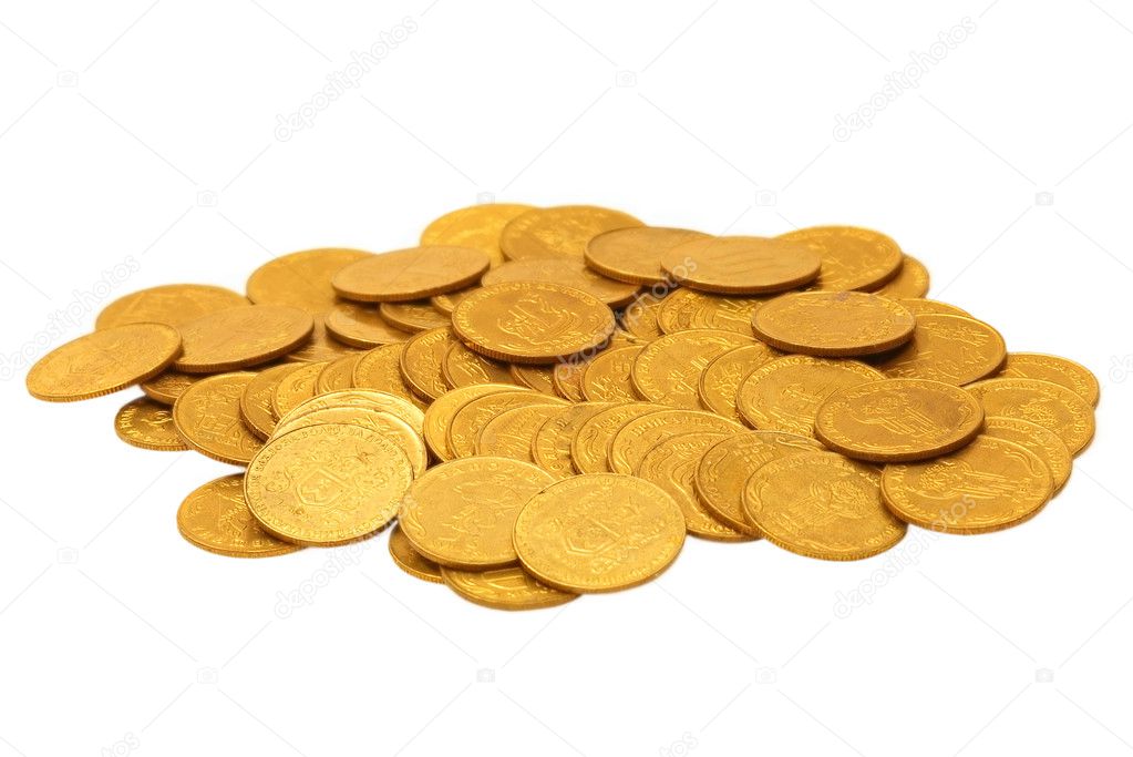 Golden coins heap.Isolated.