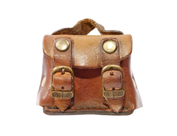 Vintage läder toy bag tagit closeup.isolated. — Stockfoto