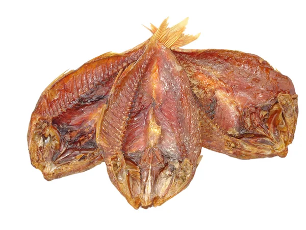 Three dried goatfish taken closeup.Isolated. — Stock Photo, Image