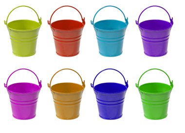 Set of multicolored empty buckets.Isolated. clipart