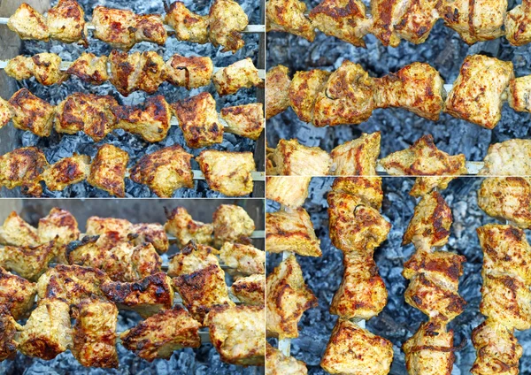 Collage de shashlik apetitoso se está preparando en la barbacoa. — Foto de Stock