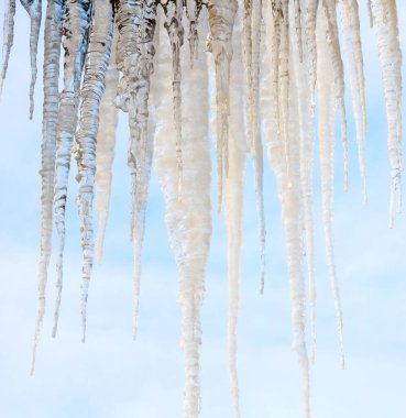 Kış mevsiminde donmuş buz saçakları mavi gökyüzü arkaplanı yakından çekildi.