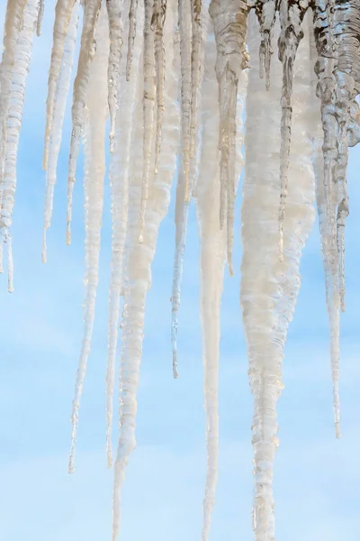 Frozen Icicles Blue Sky Background Taken Closeup — Stock Photo, Image