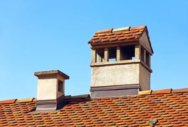 Chimney Old Tiled Roof Taken Closeup Blue Sky — Stock Photo, Image