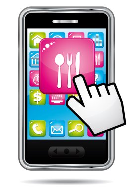 Smartphone ile el imleci Restoran uygulama açılıyor. vektör simgesi.