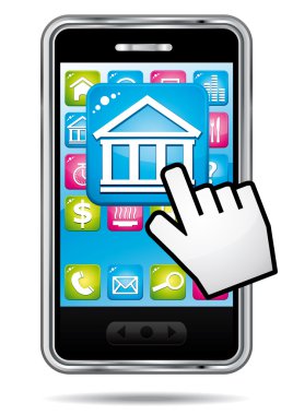 Borsa uygulama açılış el imleci ile akıllı telefon. vektör Finans simgesi.