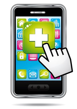 Sağlık uygulama bir smartphone. el imleci ile açın. vektör simgesi.