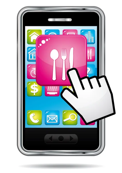 Smartphone med handmarkören öppna restaurang-programmet. vektor icon. — Stock vektor