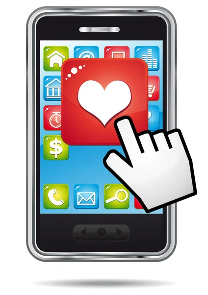 Kalp uygulaması üzerinde açık bir el imleci bir smartphone. vektör simgesi. — Stok Vektör