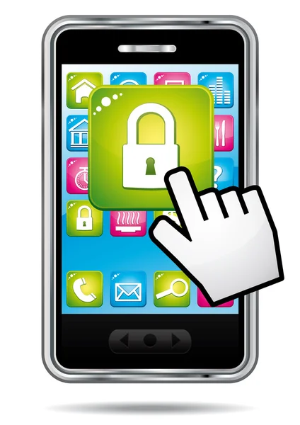 Smartphone with hand cursor opening security app icon. Data protection concept. Vector icon. — Stock Vector