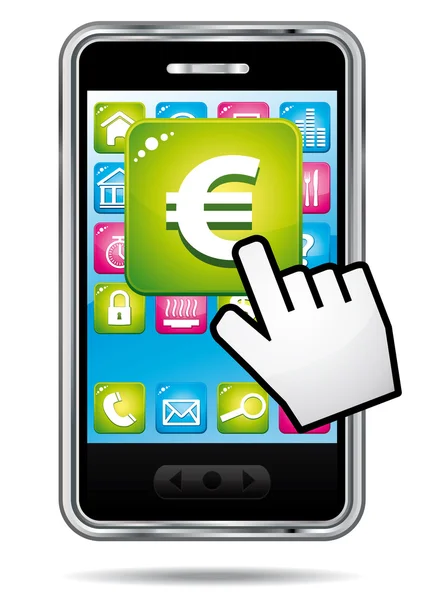 Смартфон с ручным курсором открытия банковского приложения в евро. Значок вектора . — стоковый вектор