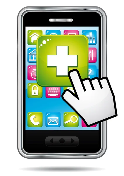 Sağlık uygulama bir smartphone. el imleci ile açın. vektör simgesi.