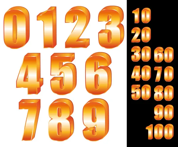 Ensemble vectoriel de nombres 3D Gold. De zéro à dix. Dix à cent. . — Image vectorielle